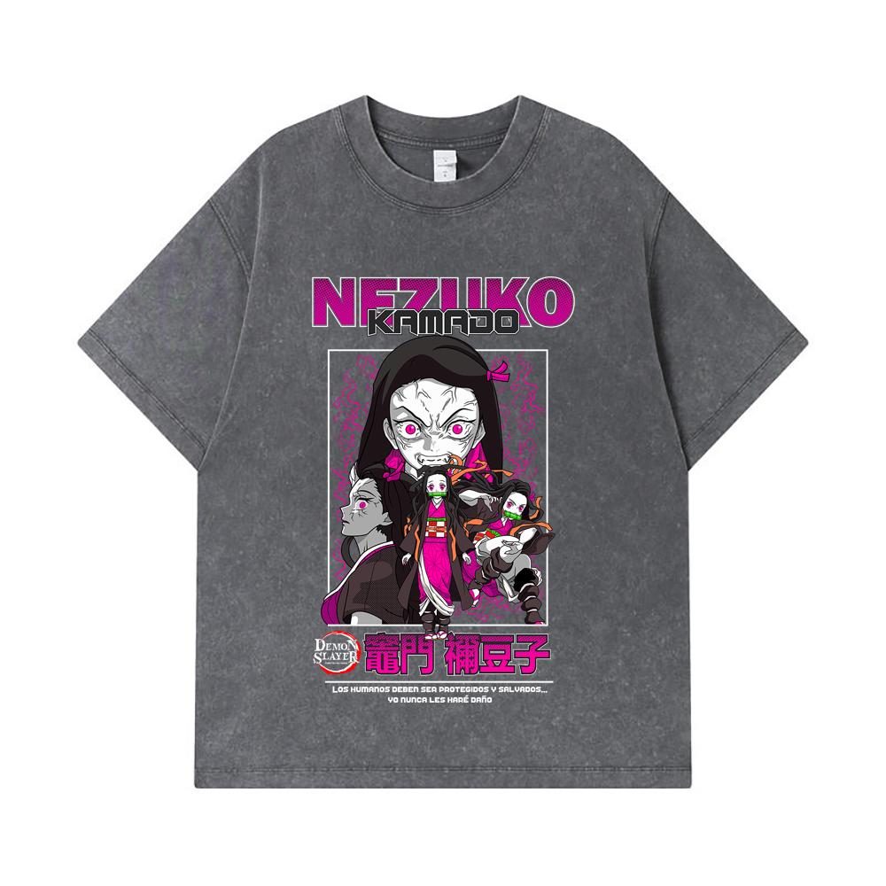 275 GSM Washed T-shirts 100% Cotton Demon Slayer V55 Nezuko Print Unisex Heavy Cotton T Shirt