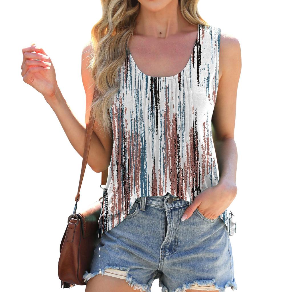Fashion Round Neck Tie-dye Print Loose Sleeveless T-shirt Vest Woman