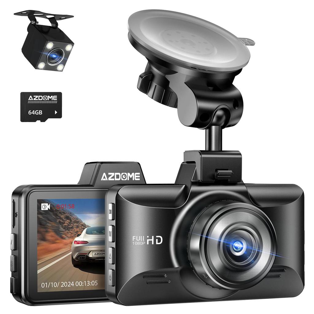 Автомобильный видеорегистратор AZDOME M01 Pro с 2 камерами переднего и заднего вида, разрешение 1080P, 3-дюймовый IPS-экран с картой памяти 64 ГБ, ночное видение, ADAS G-сенсор, круглосуточный режим парковки