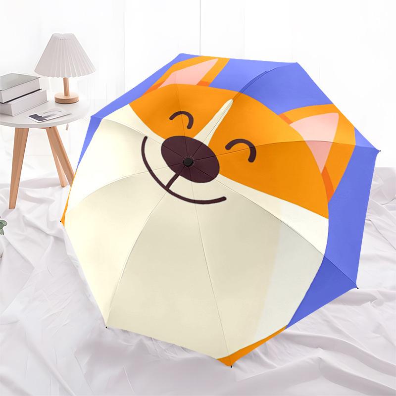 1PC Corgi, Smiley Automatic Windproof Umbrella 8 Rib Portable Folding Black Iron Frame for Outdoor, Beach, Travel, Beach Umbrella,S41