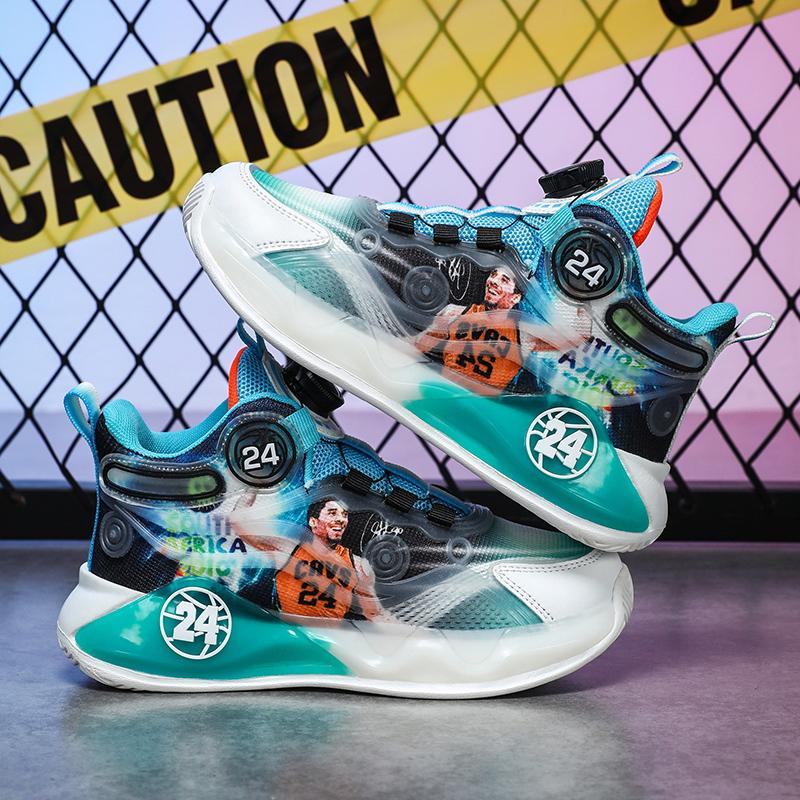 Детские баскетбольные кроссовки Kobe для мальчиков, новая осенняя спортивная обувь для начальной школы, вращающаяся пряжка, большие детские кроссовки для бега