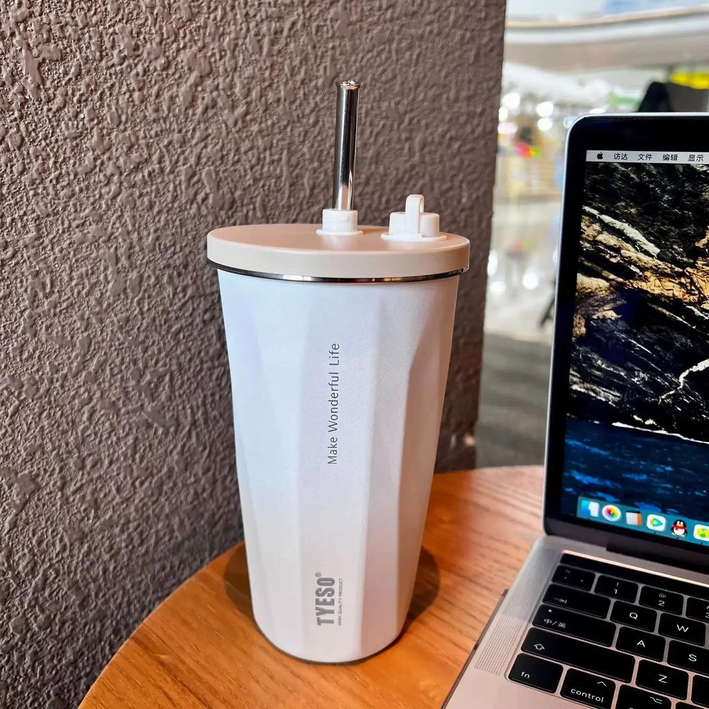 Vacuum Insulated Bottle 600ml Color Change Coffee Cup with Straw Thermos Mug Leak-Proof Thermos Travel Thermal Vacuum Flask Cup