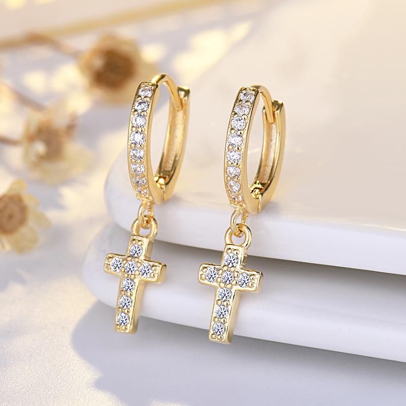 New 925 Sterling Silver Earrings Good Quality Cross Sparkle 5A Zircon for Women Fashion Jewelry Wedding Engagement Party Gifts