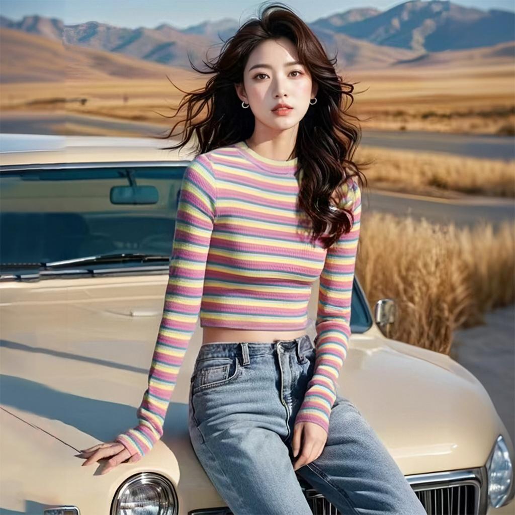 Spring and Autumn Colored Striped Long-Sleeved T-Shirt
