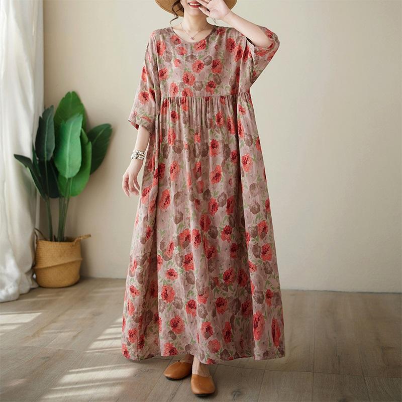 Новое хлопковое платье больших размеров с коротким рукавом и цветочным принтом для женщин, повседневное свободное длинное летнее платье