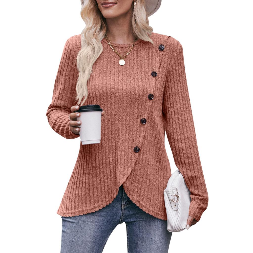 Женская эластичная трикотажная футболка с круглым вырезом в рубчик, модная однотонная футболка на пуговицах с нерегулярным низом