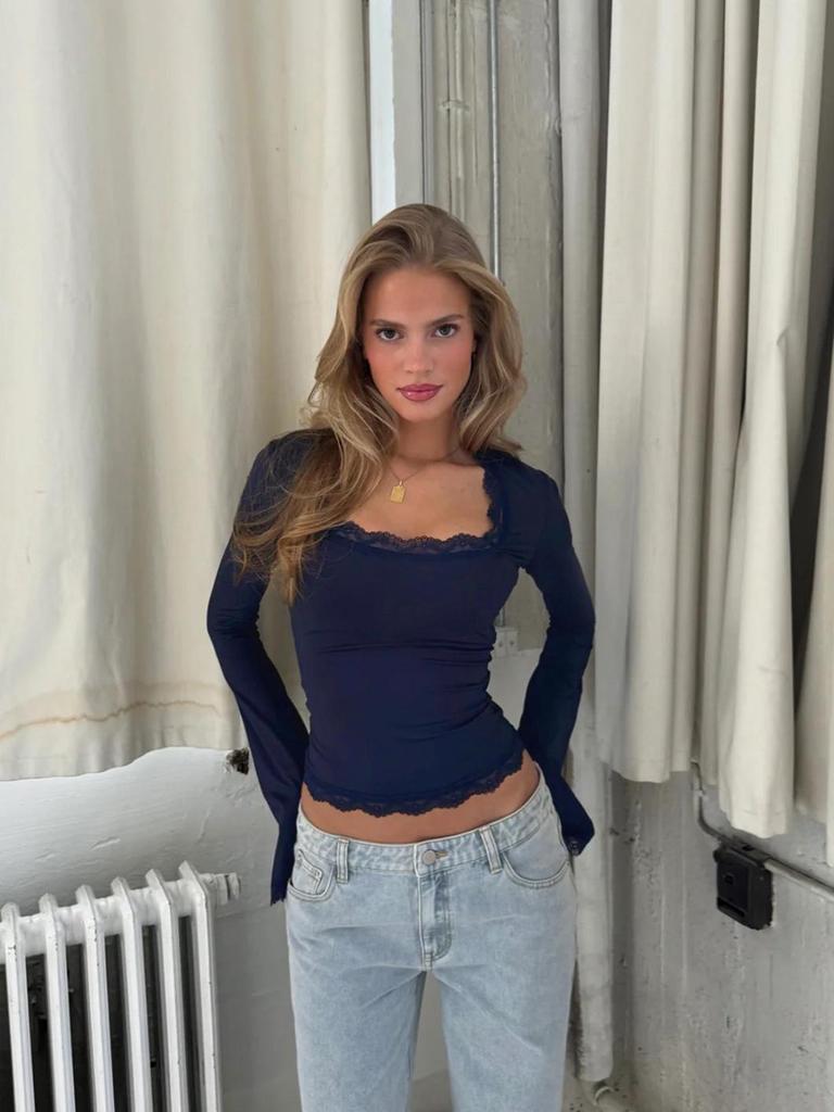 2025 Autumn/Winter Sexy Ribbed Lace-Trimmed Long-Sleeve U-Neck Top