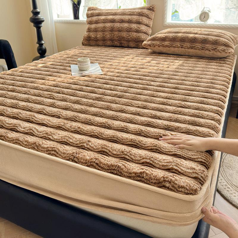 2025 Сверхтолстое плюшевое постельное белье с подкладкой из кроличьего меха для зимы - Односпальная простыня-пододеяльник и чехол на матрас из молочного велюра