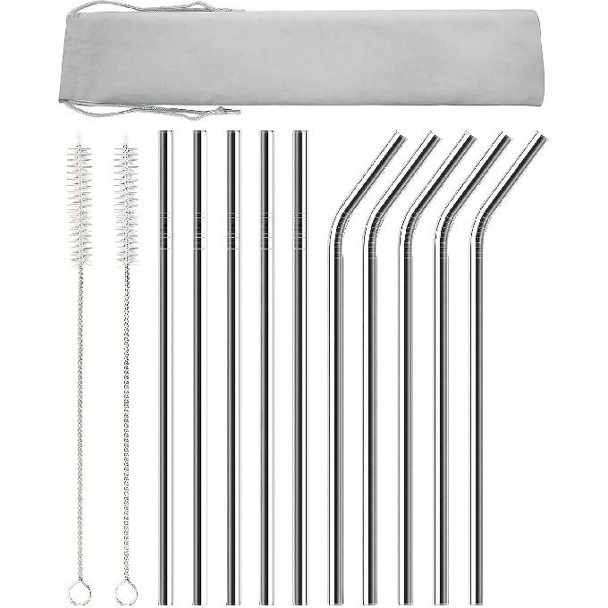 10 Pack Stainless Steel Straws for 40 oz Tumbler, 12" Reble Long Metal Straw with 2 Cleaner Brush 1 Carry Bag (5 Straight 5 Curved)