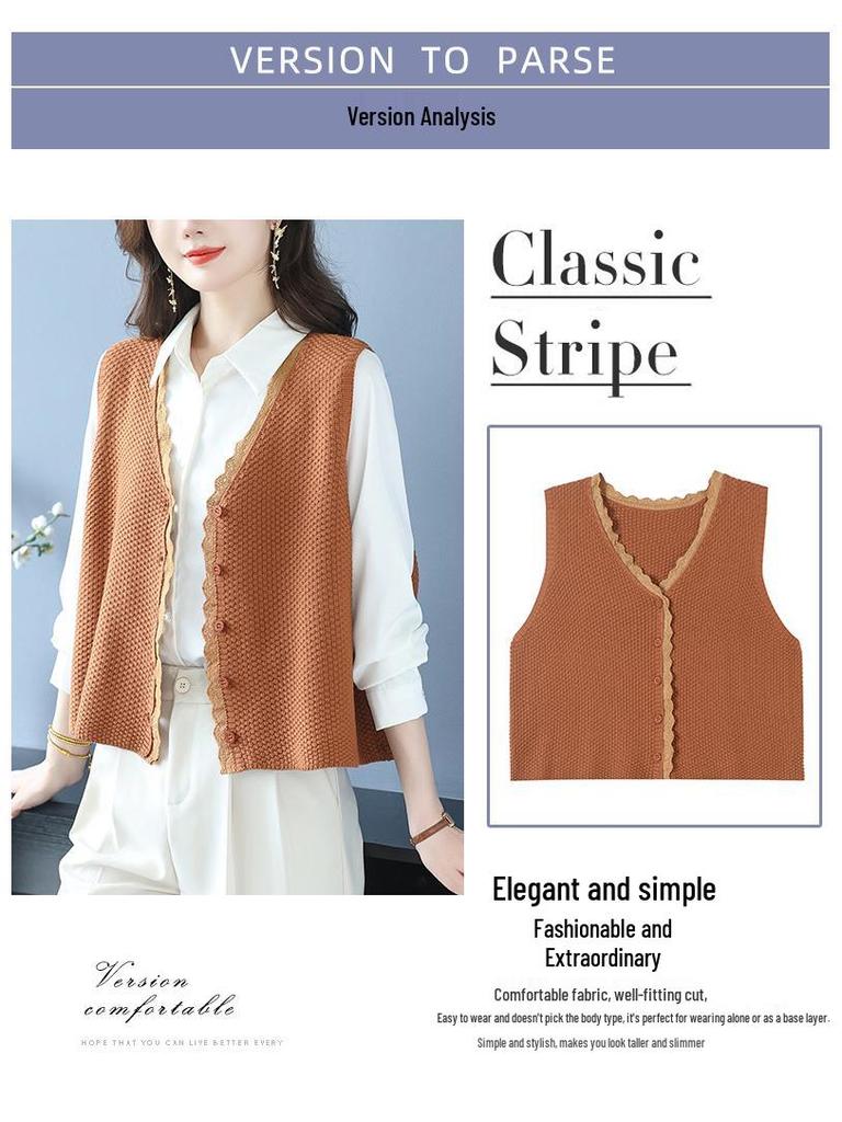 Вязаный жилет с V-образным вырезом и кружевной отделкой - Женский модный кардиган без рукавов на весну/осень для мам среднего возраста