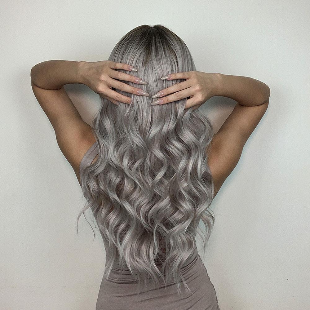 Длинные волнистые серые синтетические парики с эффектом омбре, средняя часть для женщин, платиновые парики для косплея, термостойкие волокна, парики