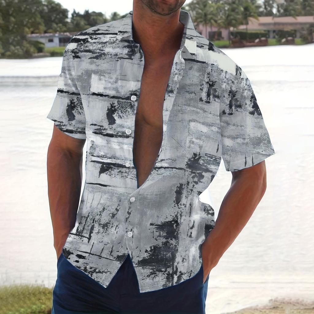 Men's Summer New Loose Print Short Sleeve Shirt Cardigan Beach Shirt
