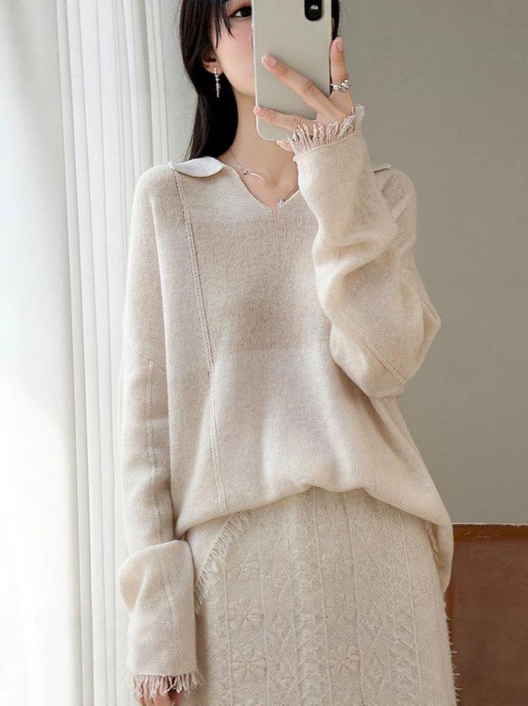 Women's Early Autumn 100% Wool Tassel Lapel Sweater - Stylish Loose Knitwear with Drop Shoulders