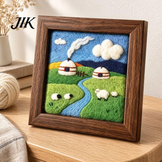 Poke Art Kit with Wooden Frame Steppe Scenery Frame, DIY Grassland Landscape Handmade Wool Painting Set Punch Needle Craft Set, Framed Picture