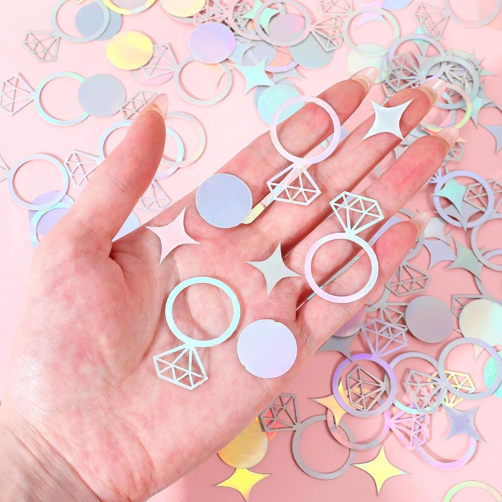 200Pcs Iridescent Birthday Party Confetti, Bachelorette Party Table Confetti Bride Diamond and Ring Shape Paper Confettis for Engagement