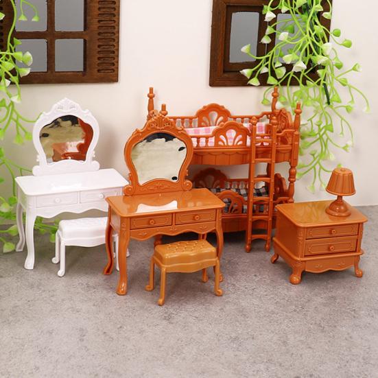 Doll Mansion Furniture Set Miniature Dressing Table Bunk Bed Bedside Table Dolls Bedroom Accessories for Kids Pretend Play