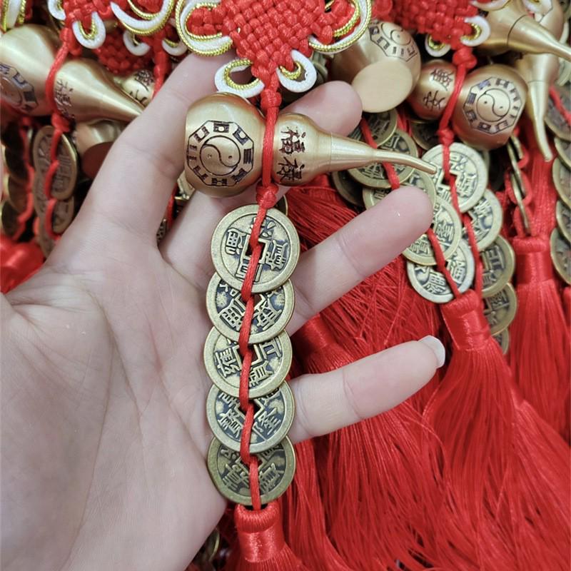 Подвеска из чистой меди «Пять императорских монет и тыква Багуа» для удачи, здоровья и благословения фэн-шуй (7см)