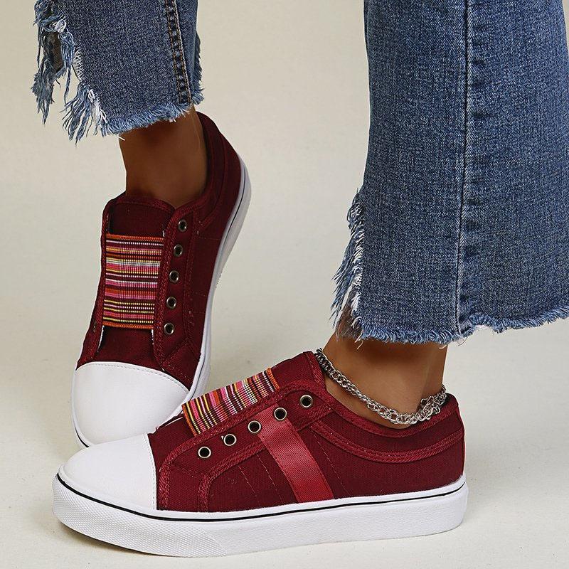 Размеры 36-43 Женская обувь Мягкие туфли на плоской подошве из парусины Модные красочные полосатые эластичные туфли без застежек Повседневные вулканизированные туфли Женские кроссовки