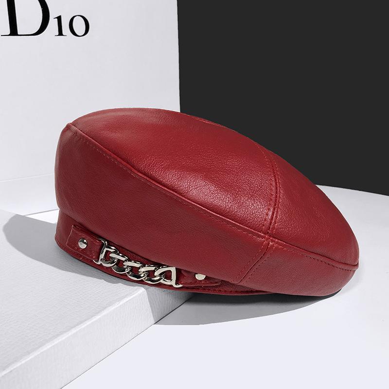 Chain Leather Berets Hat Female Autumn Winter Vintage Octagonal Casual Elegant Party Outdoor Painter Hat for Women
