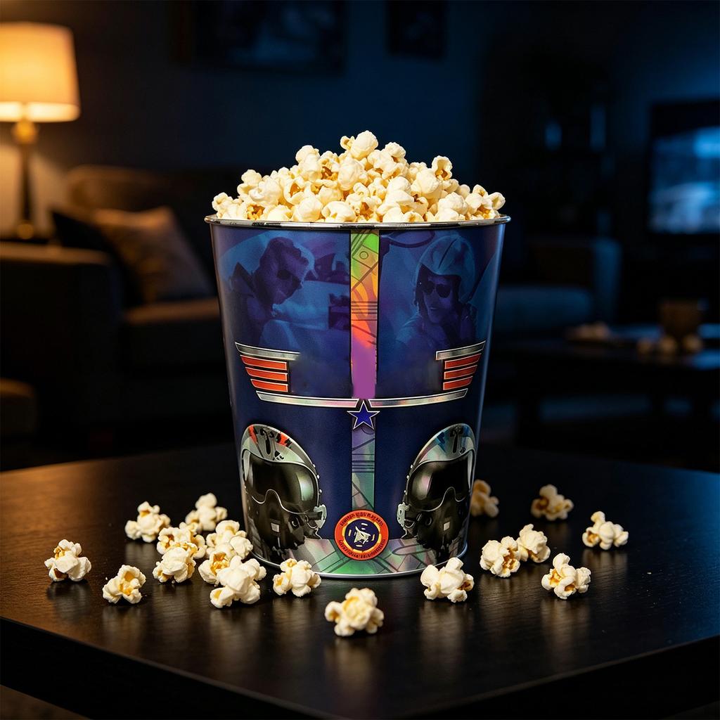 Decorative Round Popcorn Tin Container with Aviation Helmet and Star Emblem Design for Home Kitchen or Office Storage and Display