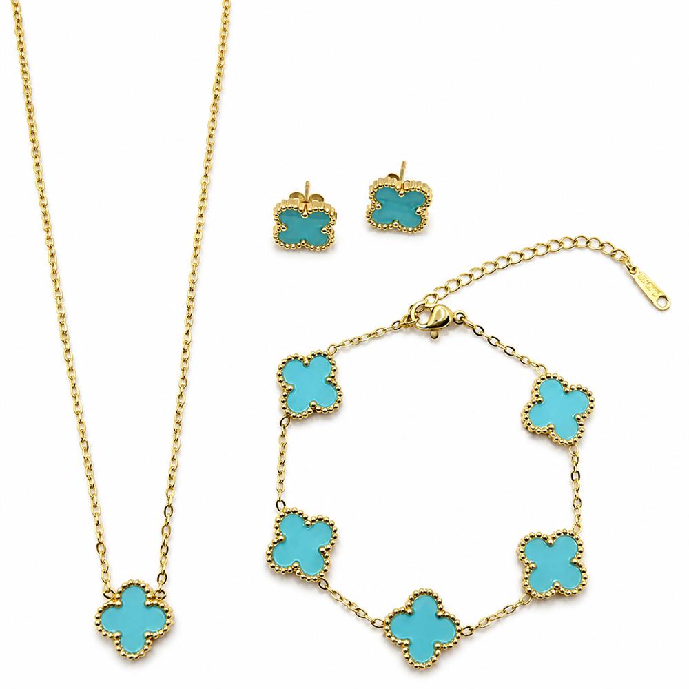 18K Gold-plated 13mm Four Leaf Clover Stainless Steel Jewelry Set Necklace Bracelet Earrings 3-Piece Set for Women Party Trendy