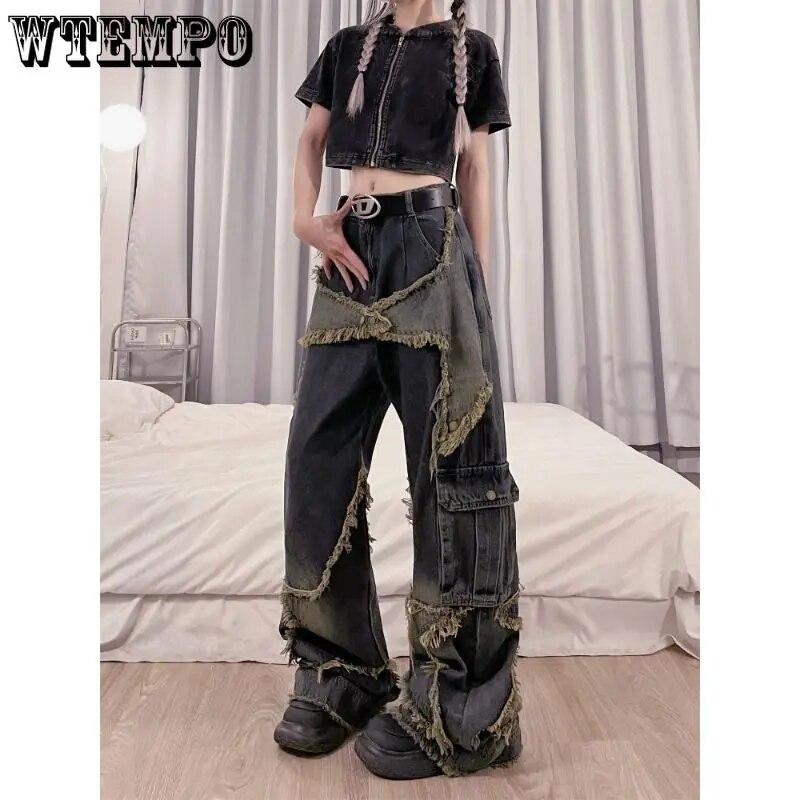 WTEMPO Винтажные женские джинсы с высокой талией, уличная одежда, рваные женские широкие брюки, повседневные прямые джинсовые брюки в американском стиле с кисточками