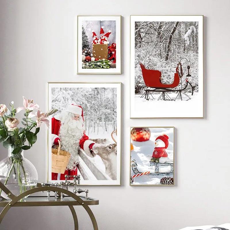 Веселый рождественский постер и печать снежные равнины олень Санта-Клаус рождественская елка настенная живопись холст для домашнего декора подарки