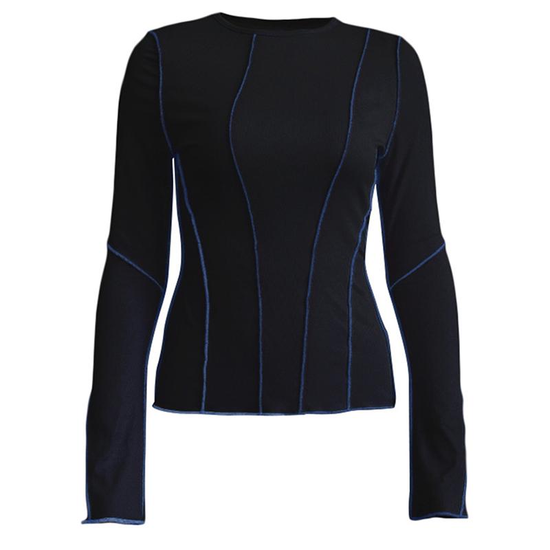 Chic Women Patchwork Tshirts Casual Long Flare Sleeve Round Neck Knitted Ribbed Tees Shirts Spring Autumn Street Top