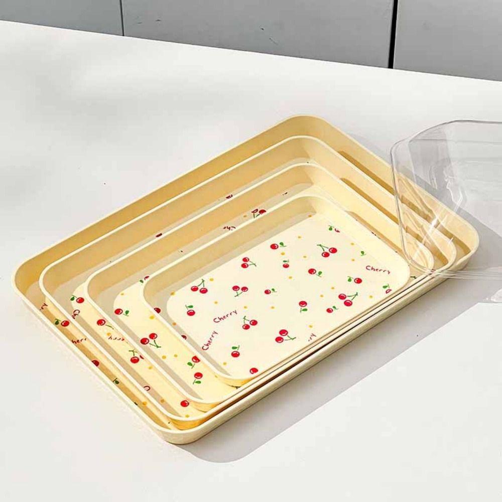 Cherry Pattern Rectangular Storage Tray Stackable Lightweight Plastic Dessert Tray Durable Anti-Slip Serving Tray