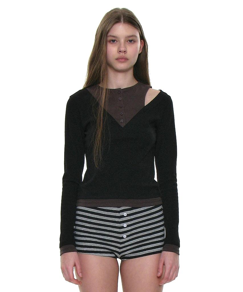 PARTIMENTO WOMEN All-In-One Layered Combination Long Sleeve Tee_Black
