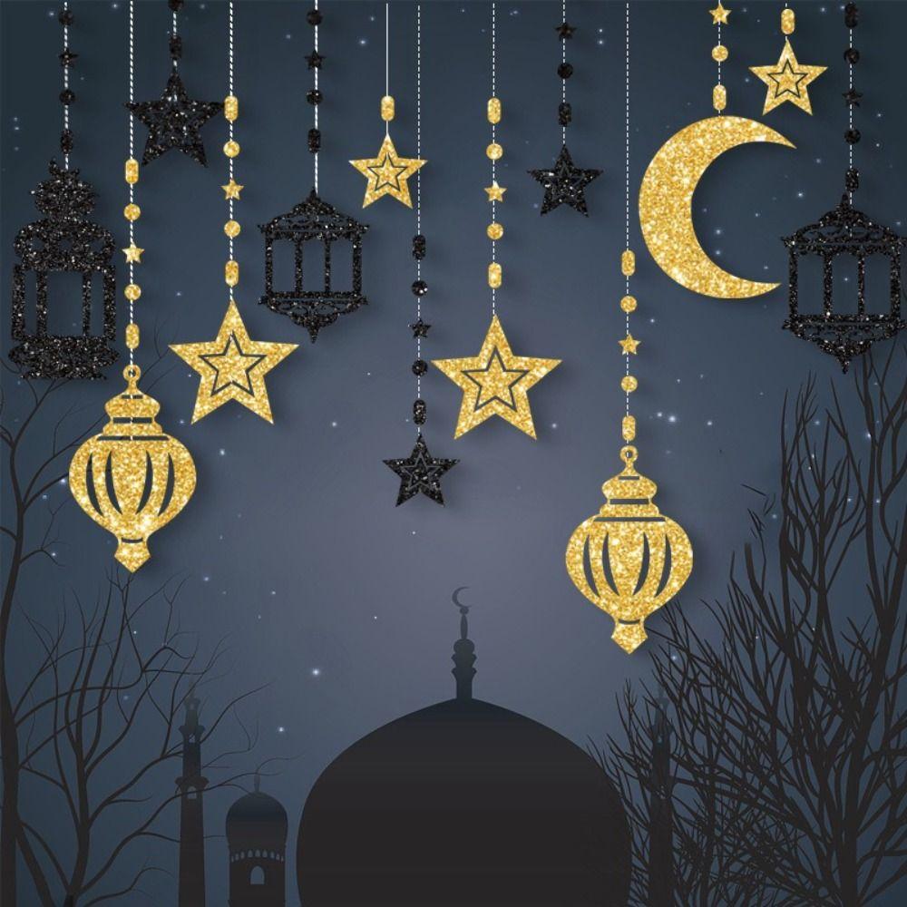 DIY Paper Ramadan Kareem Decor Gold Silver Hang Garland Star Moon Lantern Eid Atmosphere