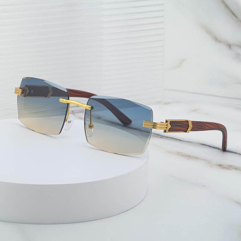 Солнцезащитные очки без оправы с отделкой, мужские модные квадратные солнцезащитные очки в стиле ретро, мужские очки с имитацией древесного зерна, очки на ножках