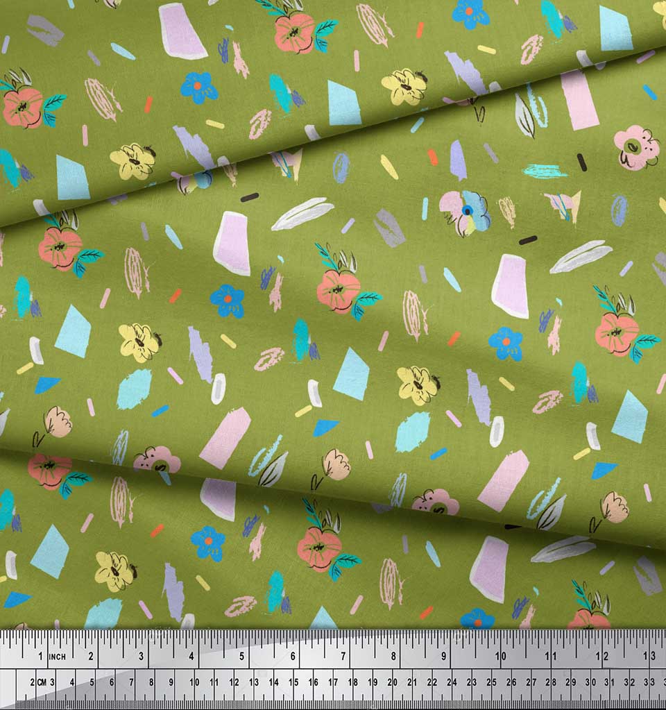 Soimoi Green Japan Crepe Satin Fabric Brush Stroke & Artistic Floral Print Fabric by the Metre 42 Inch