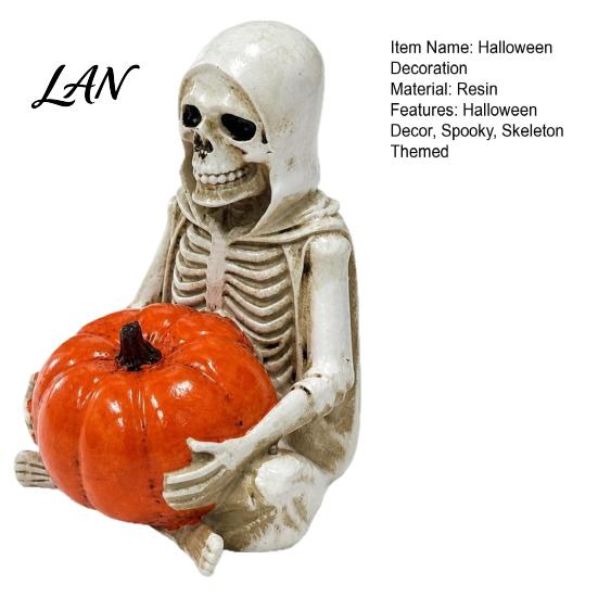Wear-resistant Resin Craft Skeleton Holding Pumpkin Figurine, Grim Reaper Statue, Halloween Gothic Shelf Decor Spooky Table Ornament, Trick