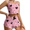 2 Pcs/Set Women Summer Pajamas Suit Adjustable Strap Sleeveless Heart Print Crop Top Shirring Edge High Waist Shorts Bedroom Sleepwear Set