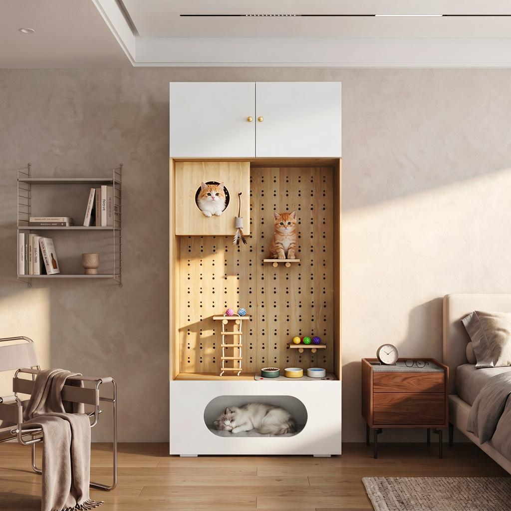 Pet Cabinet with Cat Climbing Wall, Cat Cave, Lounging Areas and Soft Cushion, 90 x 50 x 202 cm, with Storage Space, White + Wood Look
