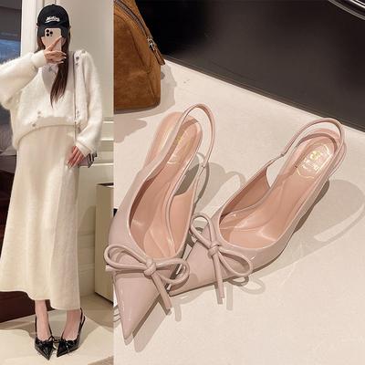2025 весна и лето новые женские туфли из бордовой лакированной кожи на высоком каблуке с бантом и заостренным носком, сандалии с тонким каблуком и сумкой на голове