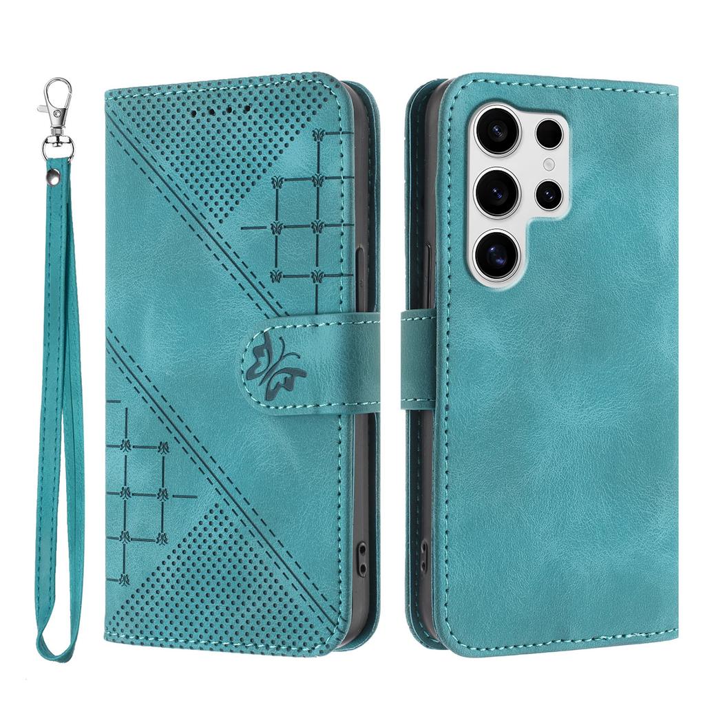 For Samsung Galaxy S25 Ultra Leather Wallet Case Butterfly Flower Imprinted Phone Cover with Strap