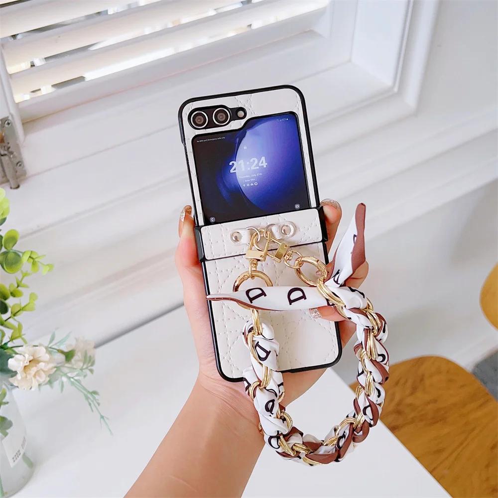 Wrist Strap Chain Silk PU Leather Phone Case for Samsung Galaxy Z Flip 6 5 4 3 Flip5 Flip4 Flip3 5G Protective Shockproof Cover