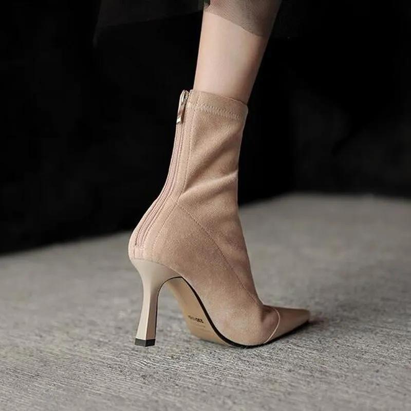 Мода ретро эластичные носки сапоги женские осень/зима новые модные остроносые застежки-молнии одинарные сапоги с вышивкой на высоком каблуке женская обувь 2024