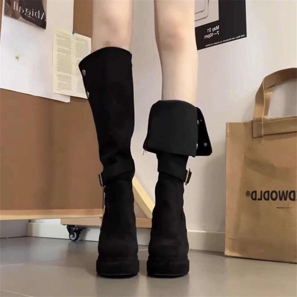 High-heeled boots women's new autumn side zipper retro versatile waterproof table thick-heeled long tube elastic thin boots