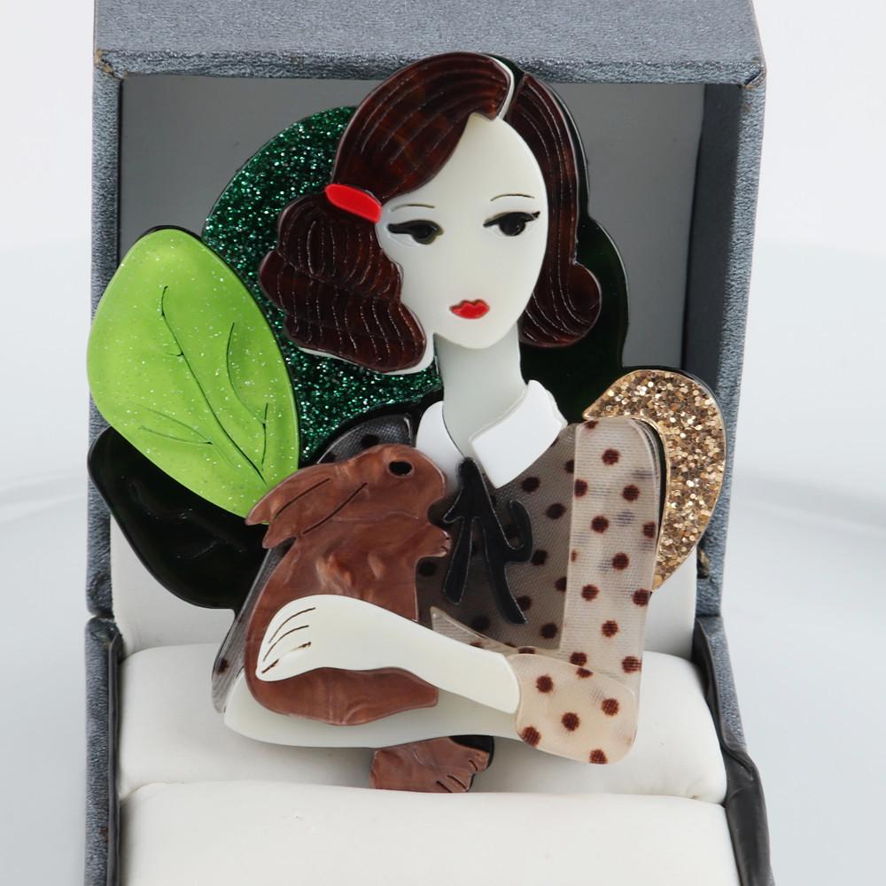 New Fashion Creative Fairy Girl Holding Rabbit Acrylic Brooches For Women Cartoon Cute Badge Brooch Pins Party Jewelry Gift