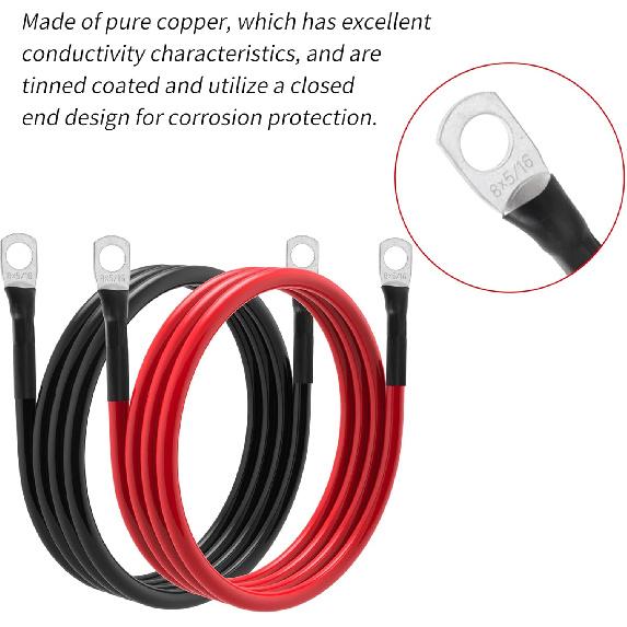 8 AWG Battery Cable 8 Gauge Power Inverter Cables with 5/16 Inch Lugs Both Ends for Solar Boat Marine RV Car 2 Pack (3FT)