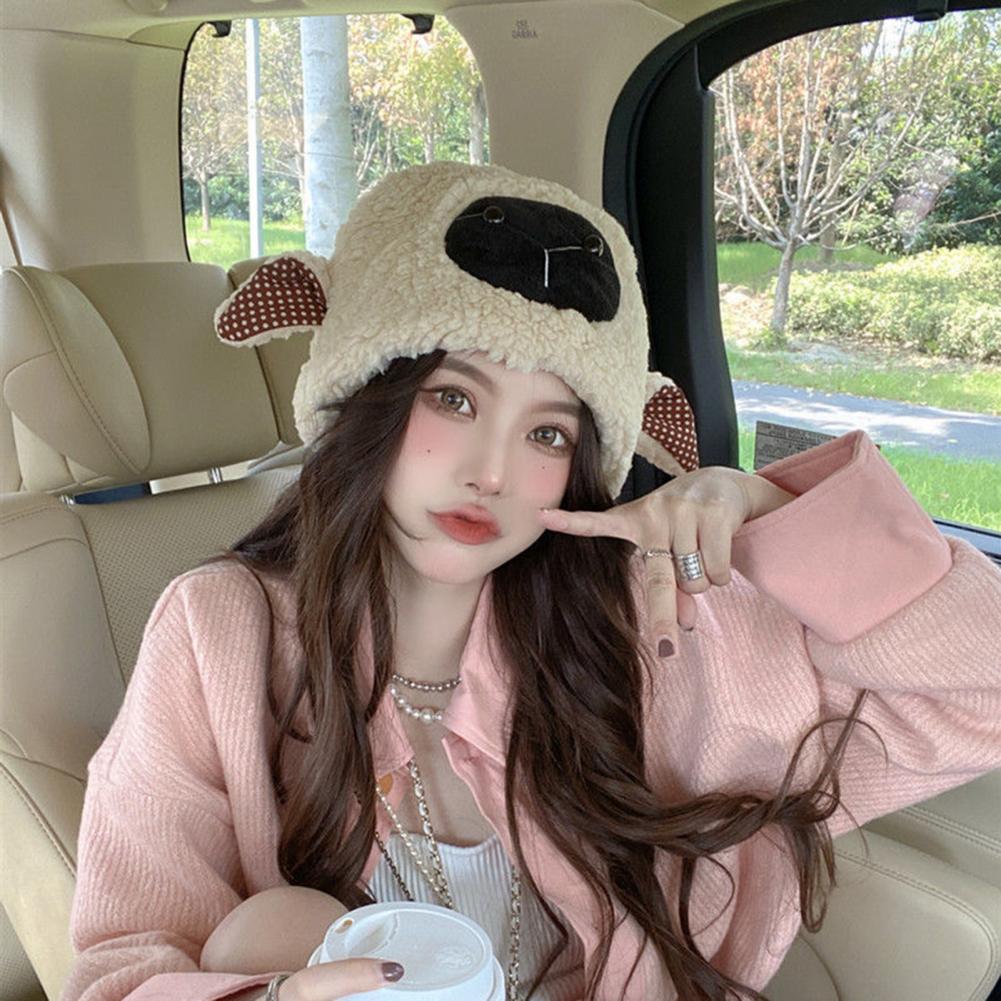 Lady Winter Hat Cartoon Lamb Head Shape Thick Fleece Ear Dome Heat Retention Outdoor Photo Prop Daily Cap