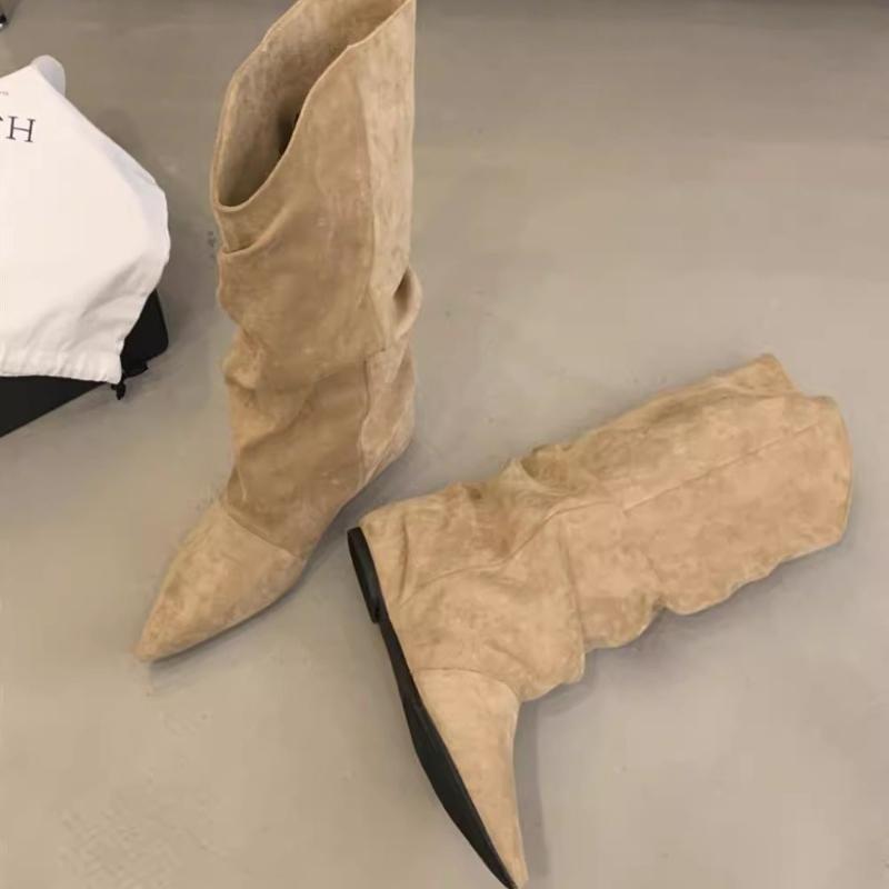 Женские балетки Высокие сапоги Замшевые Повседневные Зимние Ботинки Тренд 2025 Новые Сапоги до колена Челси Снежные ботинки Плиссированные Ботас Женские Туфли