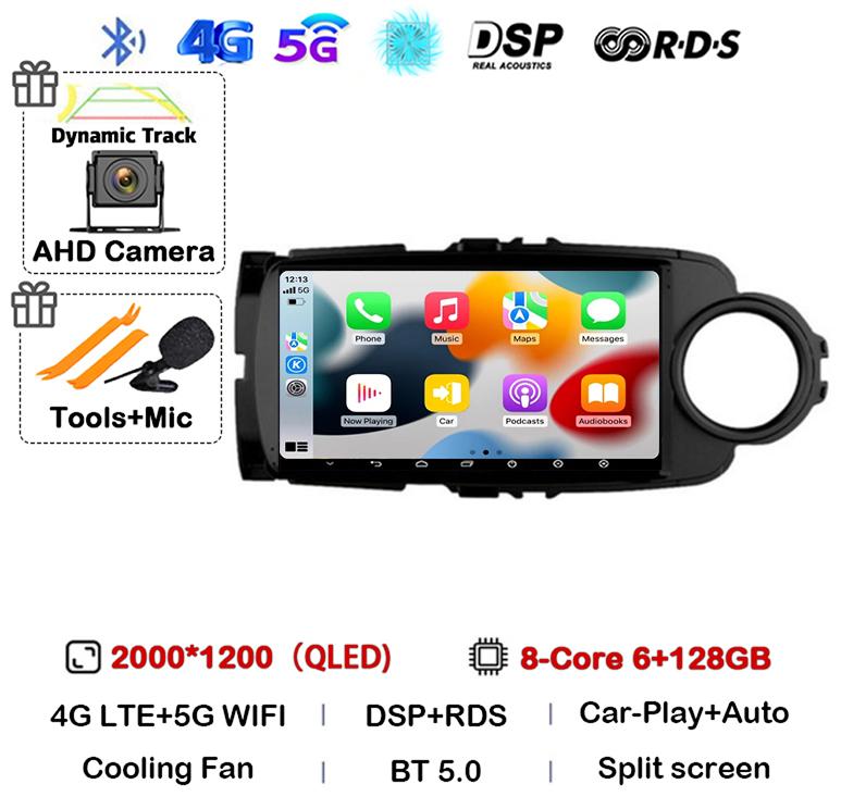 Android14 Carplay Auto For Toyota Yaris 2012 2013 2014 2015 2016 2017 Multimedia Car Radio Player WIFI+4G SIM Stereo DSP GPS RHD