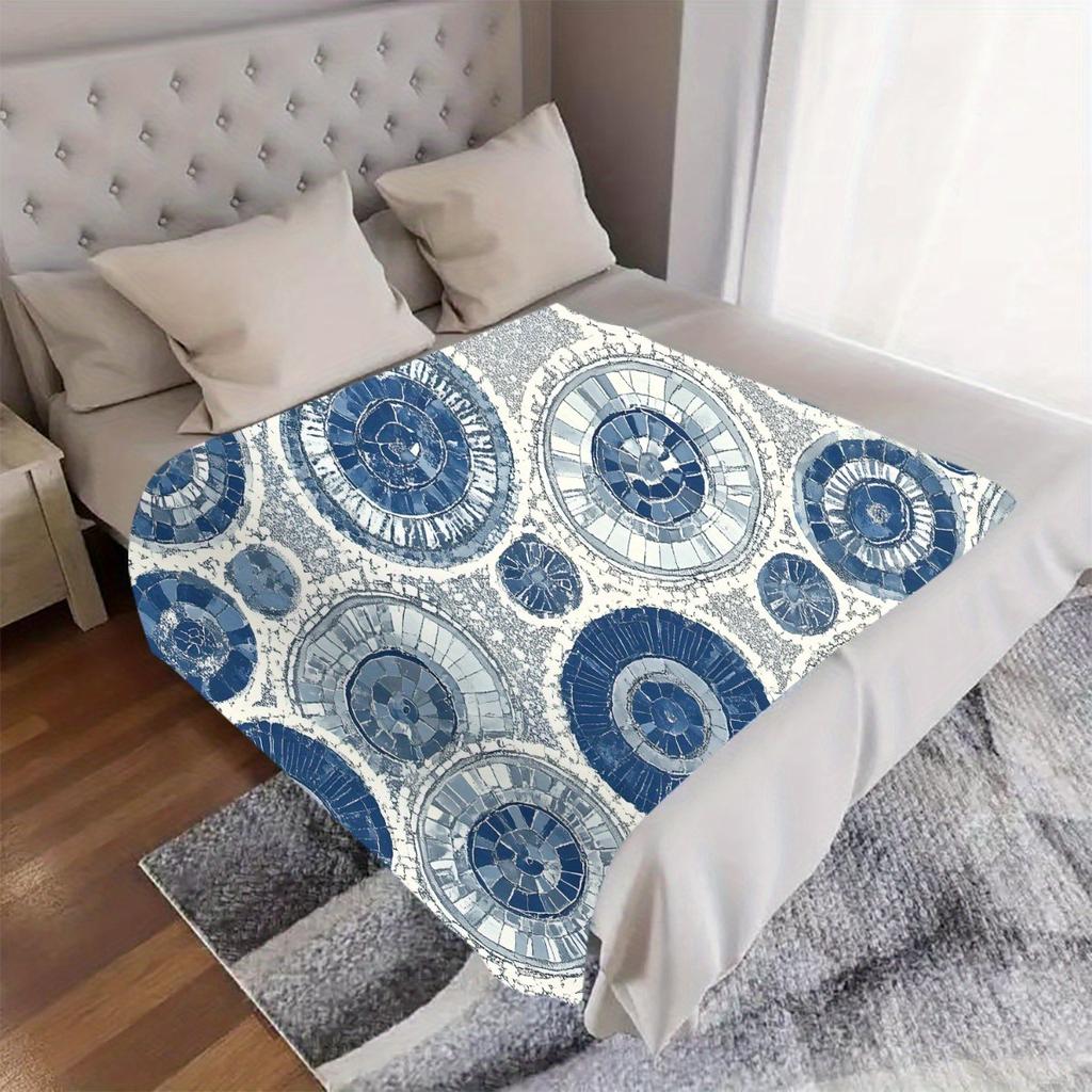 1pc Blue Circular Pattern Digital Printed Design Blanket, All-Season Soft and Warm Throw, Ideal for Home Bedroom, School Dormito