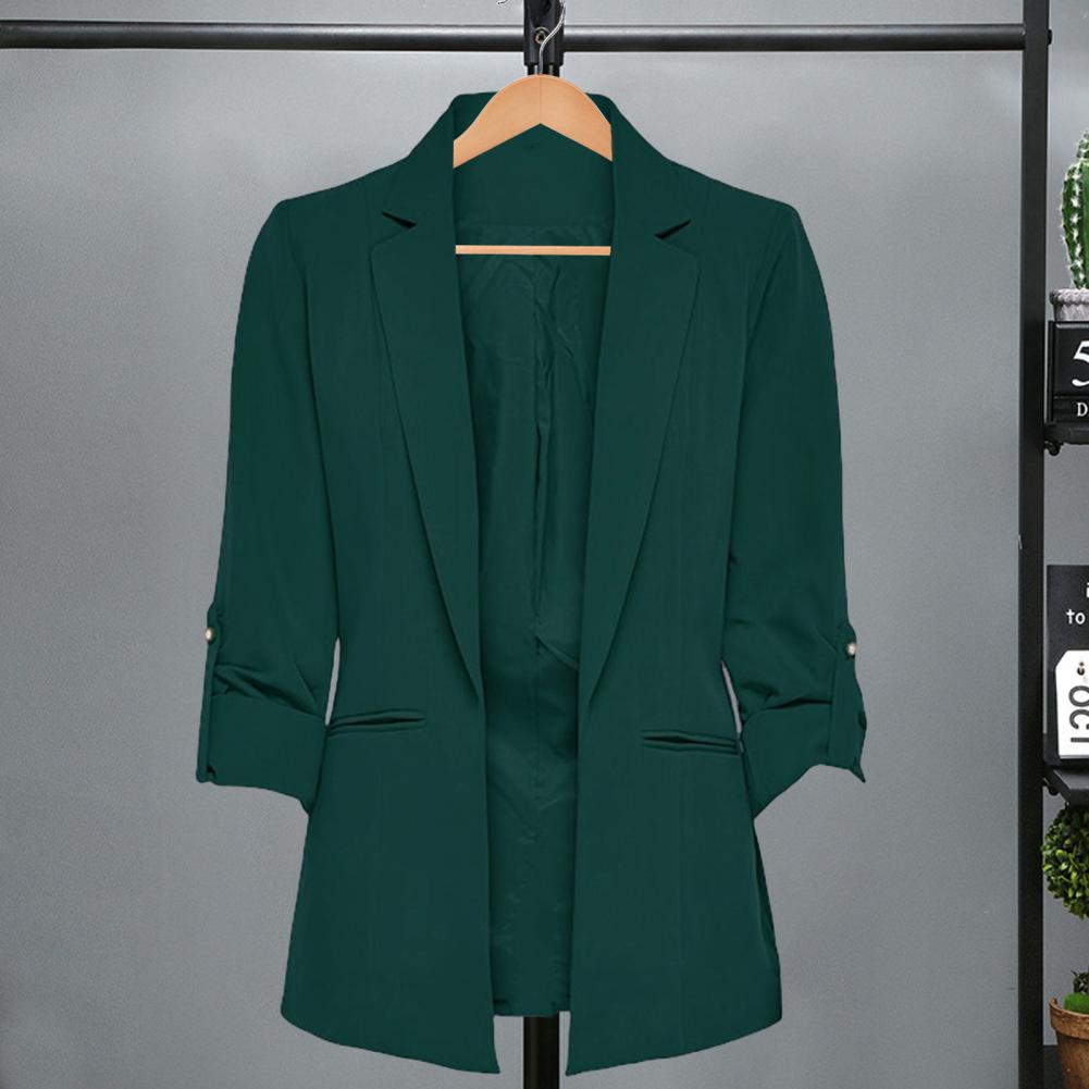 Women Suit Coat Turn-down Collar Long Sleeve Pockets Suit Jacket Solid Color Open Front Office Lady Business Outwear