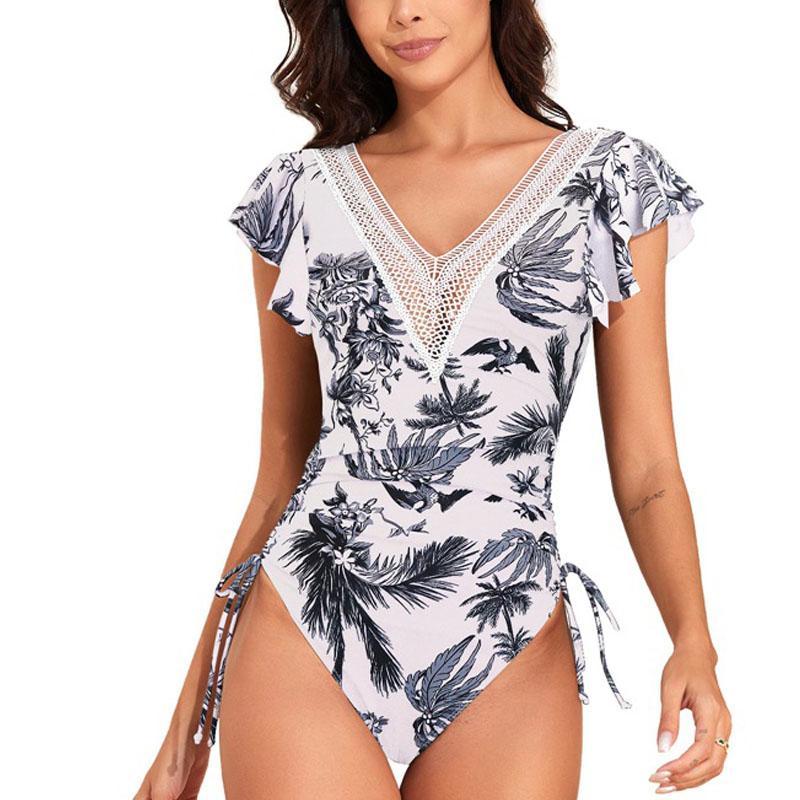 One Piece Bathing Suit For Women Deep V Neck Ruffles One Piece Bikini Backless Swimming Suit