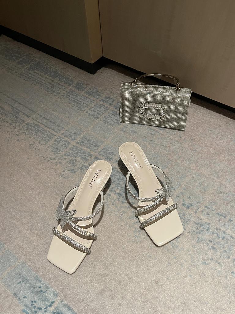 Мода Модные женские туфли-слайды с открытым носком Летние туфли на тонком высоком каблуке Повседневные туфли-лодочки для вечеринок Дамские серебристо-белые туфли для женщин